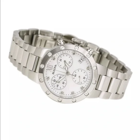 ♥️ BULOVA DIAMOND WATCH Silver Tone Mother of Pearl Face
